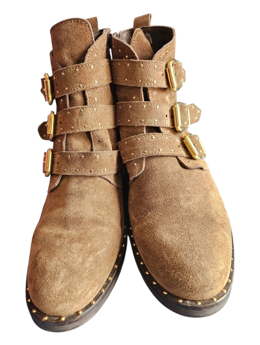 Minelli Italy Studded Leather Suede Ankle Boots With Buckle Dark Taupe Size 39 - Picture 5 of 11